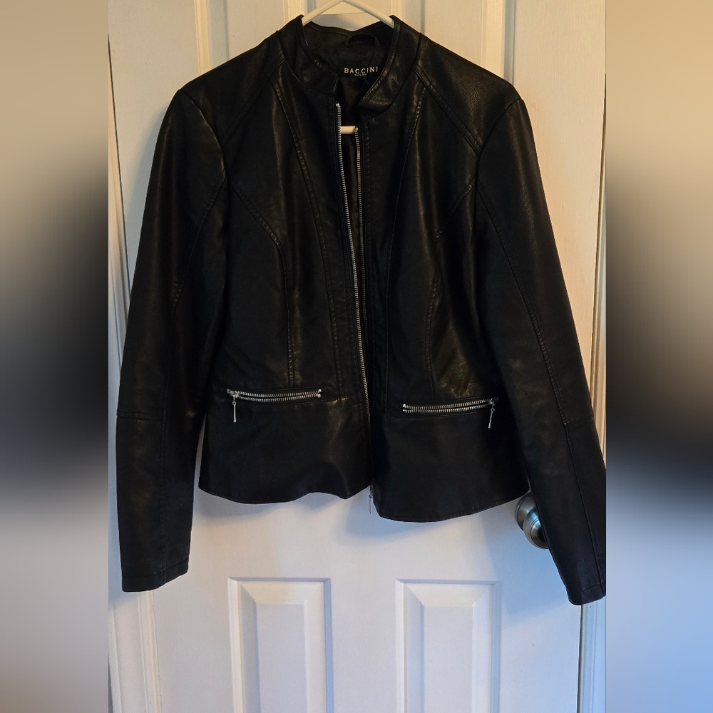 Baccini Women's Black Leather Jacket with Silver Accents